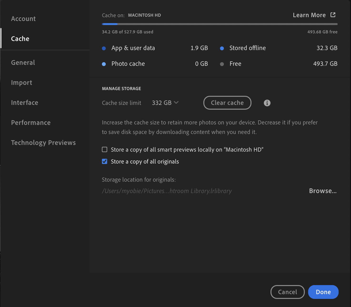 Screenshot of the Settings window of Adobe Photoshop Lightroom