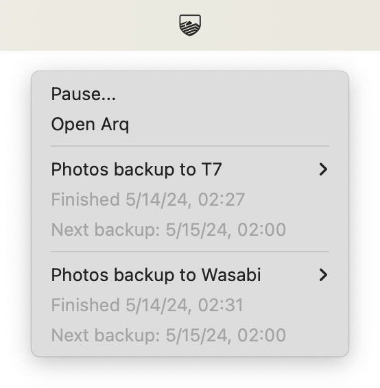 Screenshot of my two Arq backups, one to the T7 and one to Wasabi