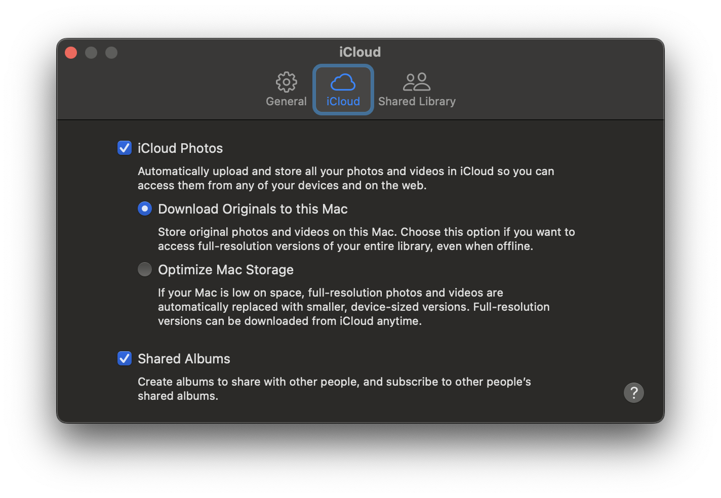 Screenshot of the Settings window of Photos on macOS