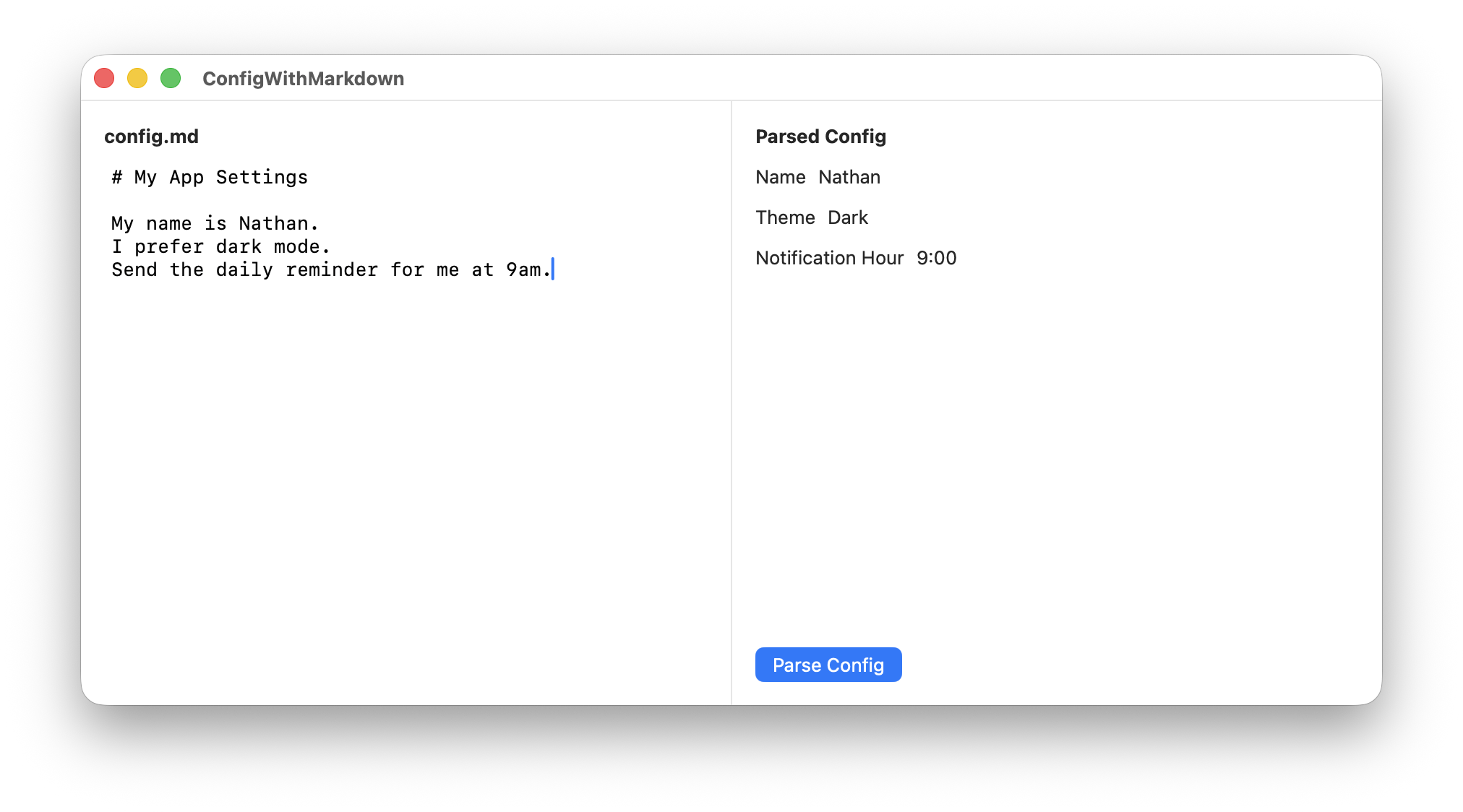 Screenshot of ConfigWithMarkdown app showing a two-pane layout: markdown config on the left, parsed struct values on the right