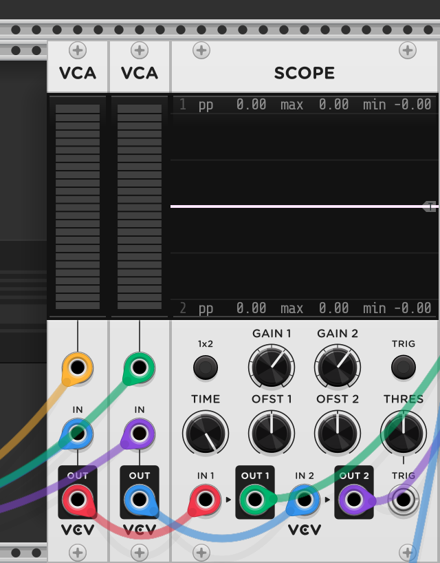 Screenshot of two VCAs turned down to 0% wired up to a scope module