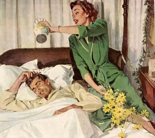 A beautiful painting of a woman about to wake up a man by pouring water on him