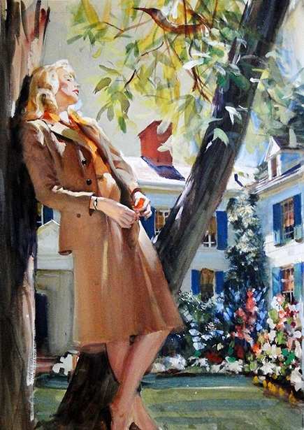 A beautiful painting of a woman leaning against a tree on a sunny day