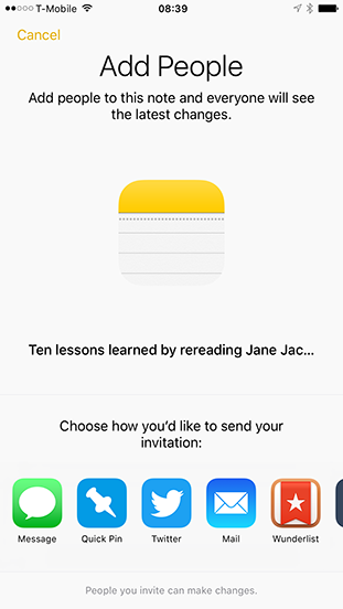 Notes’s new sharing screen