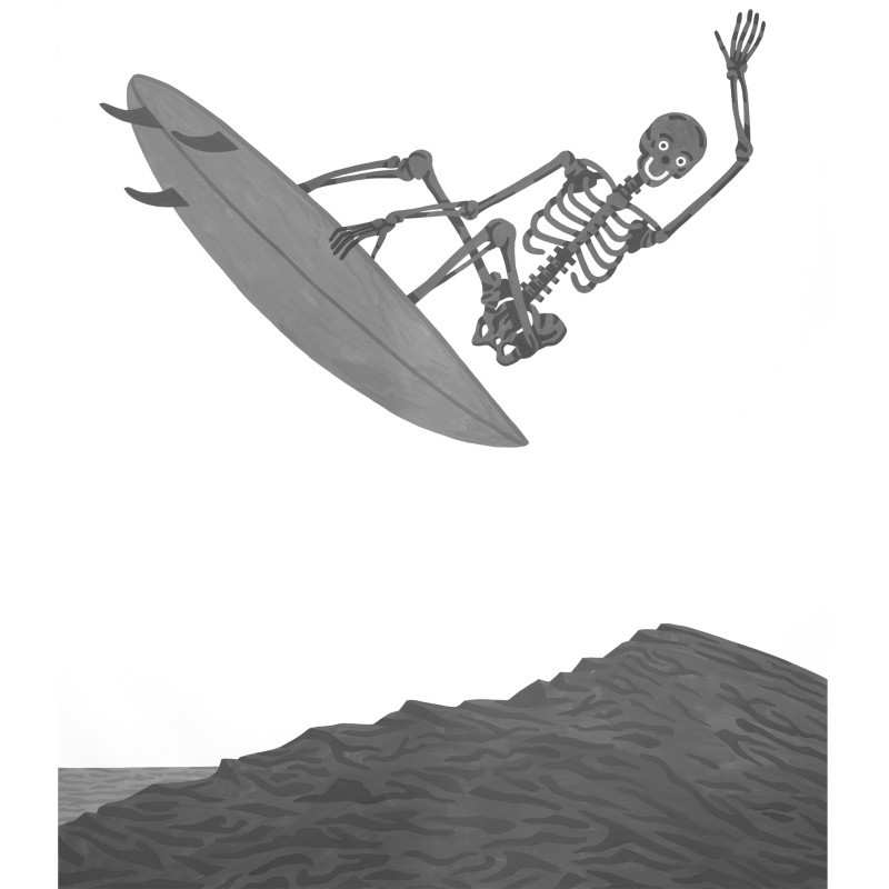 Painting of a skeleton surfing