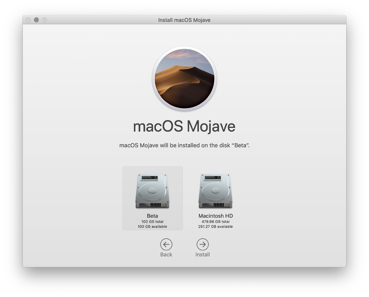 Screenshot of the macOS installer with the ability to select the destination volume