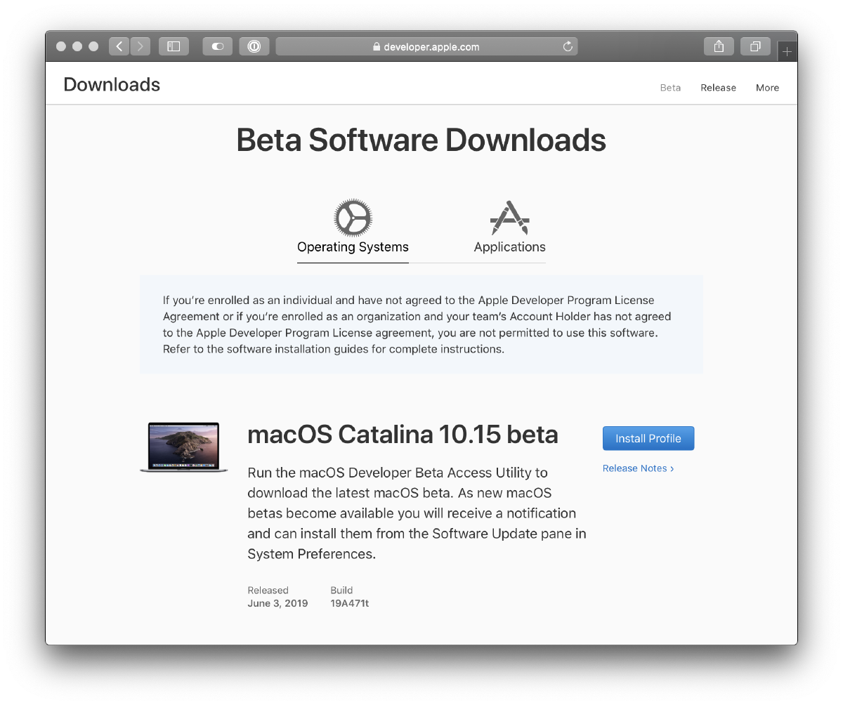 Screenshot of Apple's Beta Software Downloads webpage