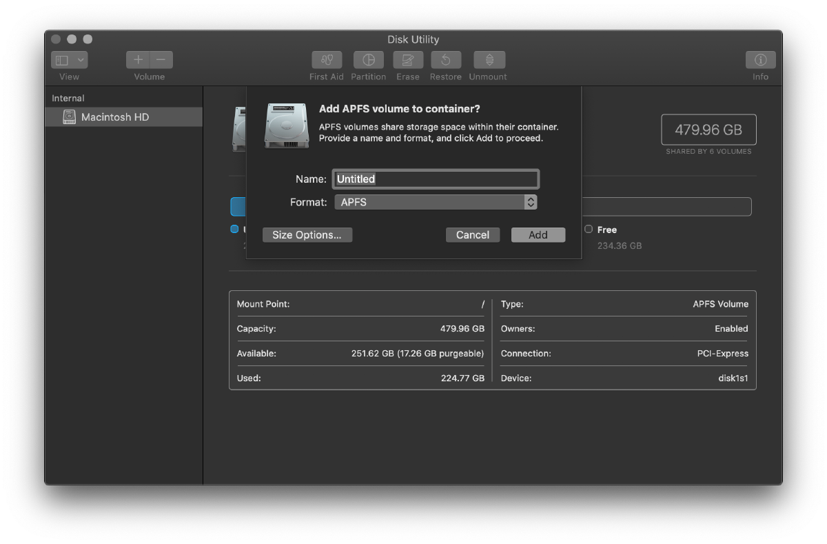Screenshot of Disk Utility showing a sheet to Add APFS volume to container