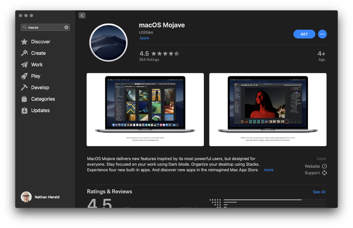 Screenshot of the macOS App Store app listing for macOS Mojave