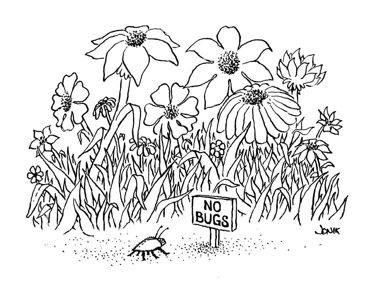 Illustration of plants and a bug with a little sign reading 'no bugs'