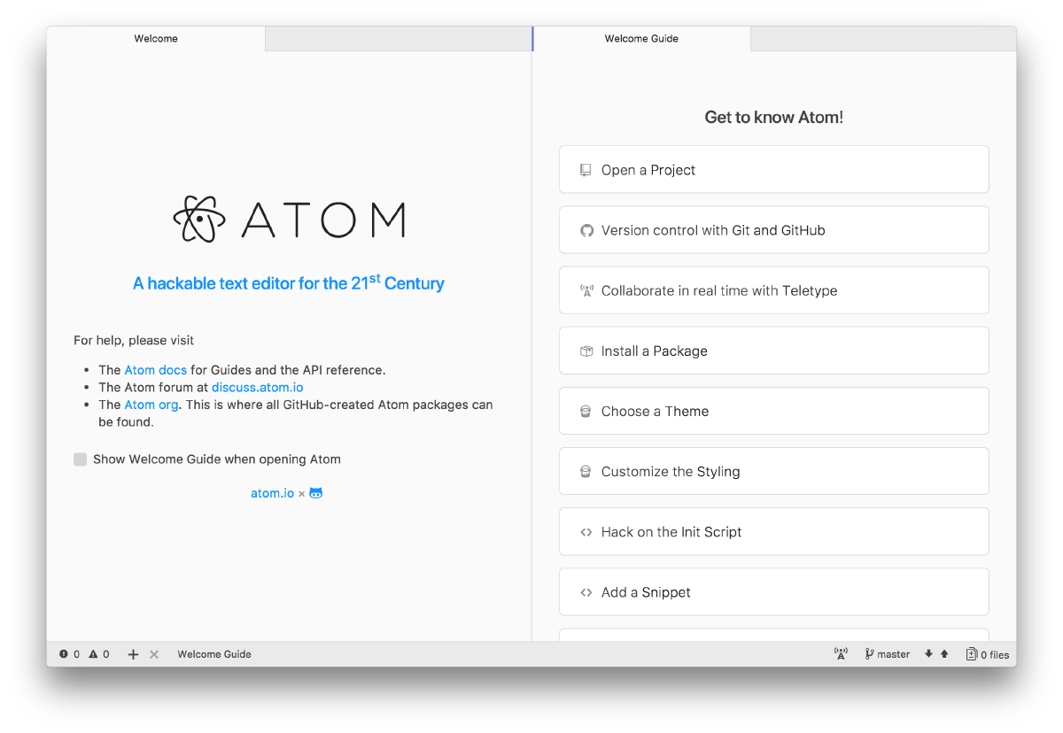 Screentshot of the Atom editor Welcome Guide