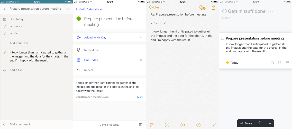 Screenshots of four different apps showing my notes attached to a task