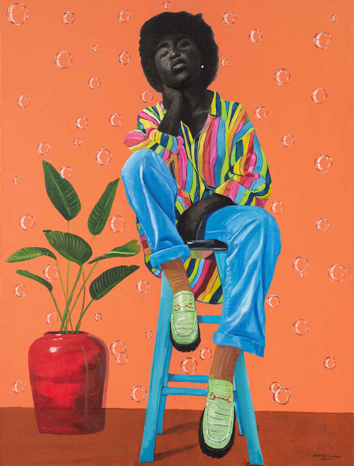 Painting of a woman on a blue stool in a bright, rainbox shirt, in front of a red wall with bubbles floating