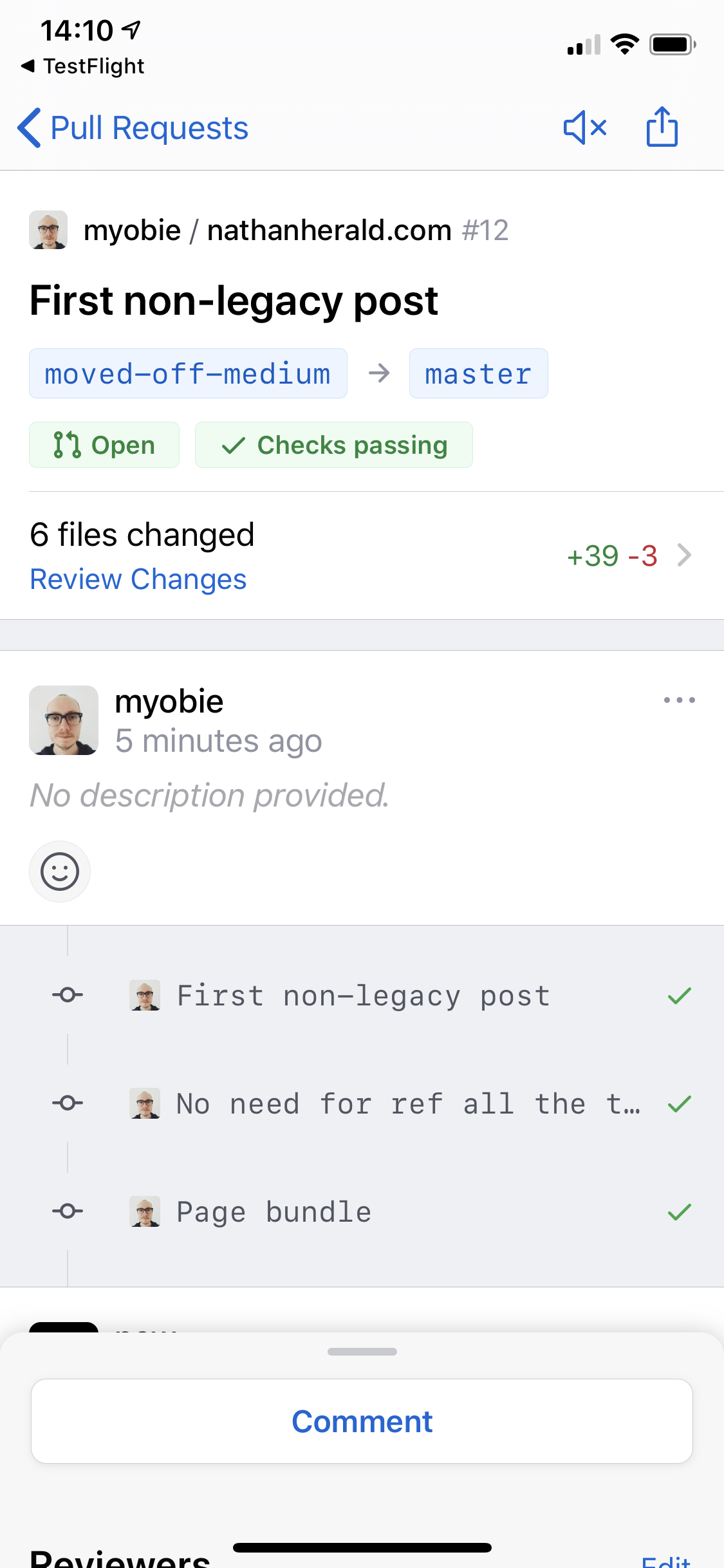 Screenshot of the GitHub Mobile app showing the Pull Request for this post