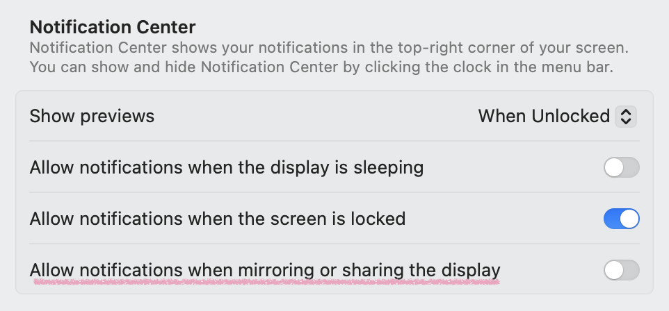 Screenshot of the Notifications settings on macOS with “Allow notifications when mirroring or sharing the display” highlighted