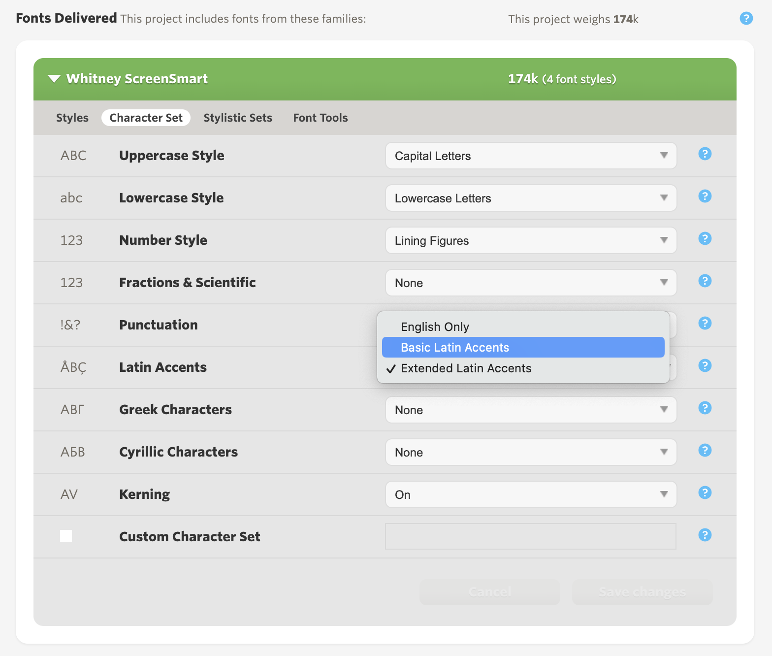 Screenshot of the typography.com dashboard, showing the change from Basic Latin Accents to Extended Latin Accents