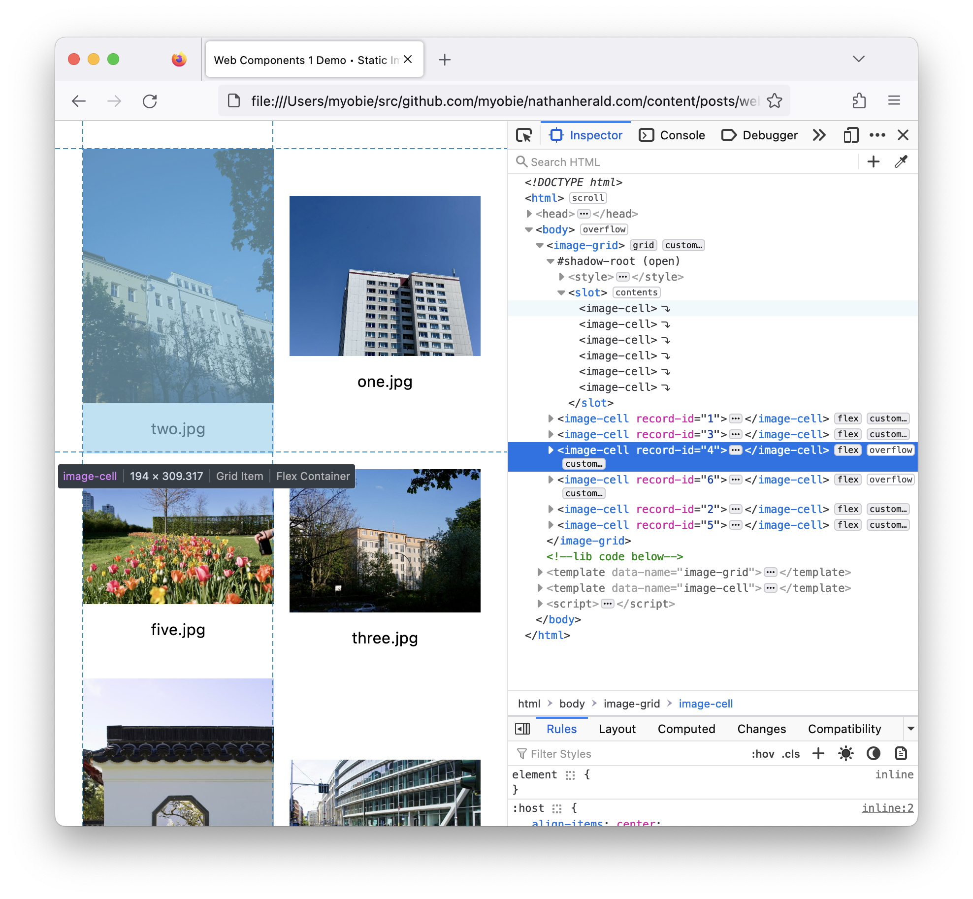 Screenshot of Firefox showing the DOM setup with the image-grid, it’s shadow-root with a slot filled with references to image-cells